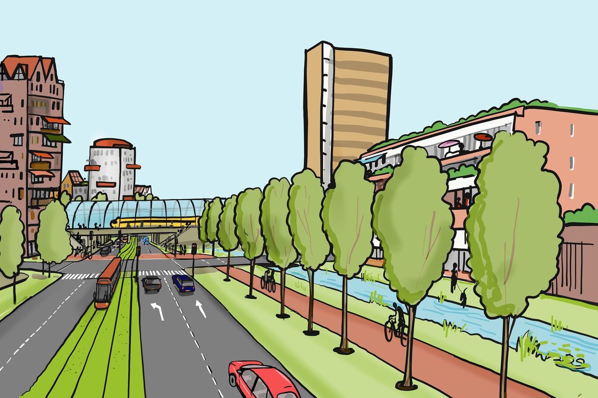 Schets van Olivier Rijcken voor het stationsgebied er in de toekomst uit kan zien vanaf de kant van het ZMC, met een nieuwe plek voor hoogwaardig openbaar vervoer en een nieuwe wijk op de voormalige sportvelden