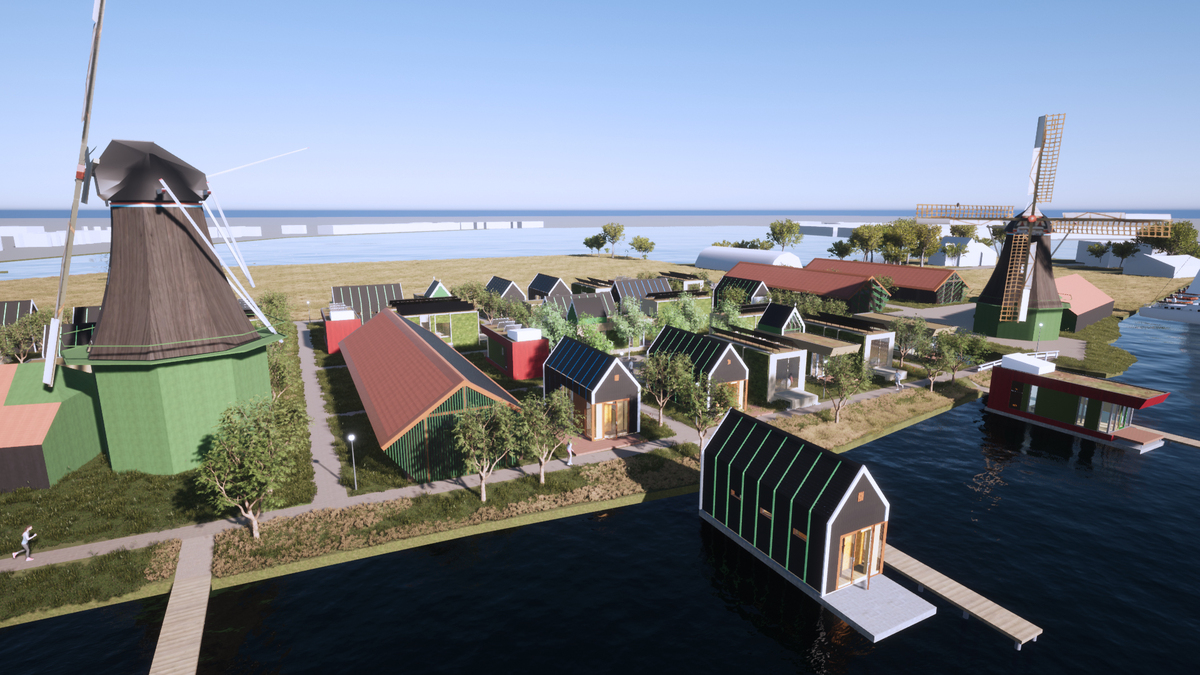 Impressie van het plan Molenaarserf op de Hemmes, met molen de ZaadZaaijer en de tiny houses